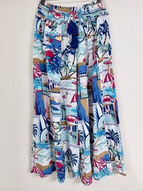 True Destinations Coastal Print Culottes XL Rayon Cropped Palazzo Pants Tassel